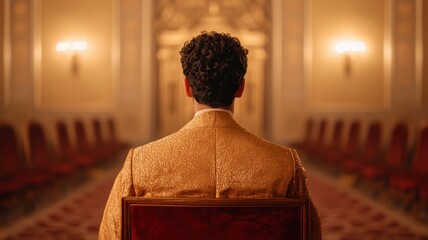 National Dress Day. A person in ornate attire sits in a grand, elegantly lit room facing away from the camera.