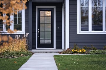 Poster - A house with a distinctive black front door and white trim, suitable for use in architectural or interior design contexts