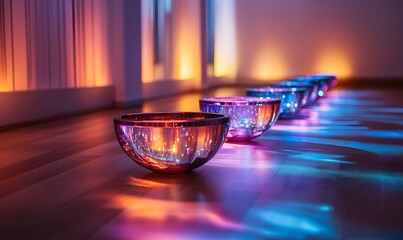 Poster - A row of glossy bowls, with reflections casting vibrant colors on the floor