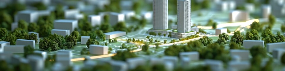 Poster - Cityscape with modern architecture and lush vegetation, suitable for urban planning or futuristic concepts