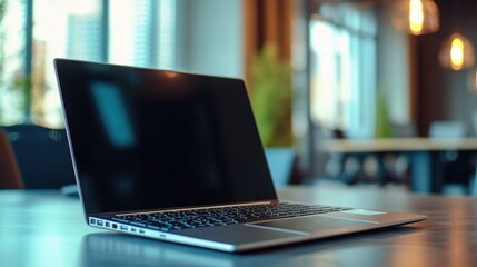 Poster - A laptop computer sitting on a wooden table, great for office or home use