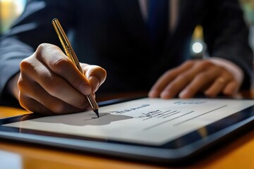 Poster - A man in a business suit signs a document with a pen, perfect for office or corporate settings
