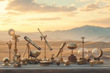 Antique brass scientific instruments, telescopes, and globes at sunset.