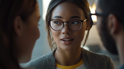 Sticker - A woman with glasses speaking to a man, informative communication