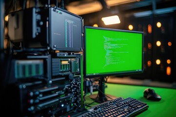 Poster - A computer monitor with a green screen sitting on a desk, great for technology or office related concepts
