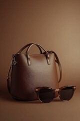 Poster - A brown purse and sunglasses sit on a brown background, perfect for lifestyle or fashion photoshoots