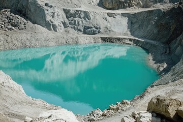 Poster - A scenic view of a large body of water surrounded by rocks, perfect for use in travel or nature-related designs