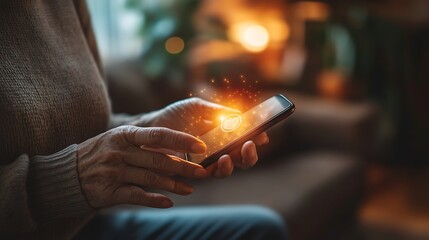 Poster - Elderly woman using smartphone with glowing heart icon.