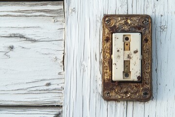 Wall Mural - A close-up shot of a light switch on a wooden wall, ideal for use in interior design or DIY tutorials