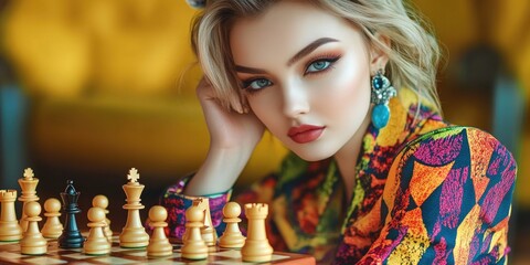 Poster - A person posing next to a chessboard, perfect for illustrating strategy or games