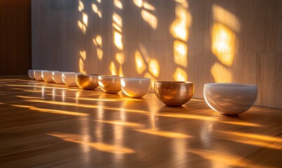 Poster - Sunlight casting geometric patterns onto wooden floor and a row of meditation bowls
