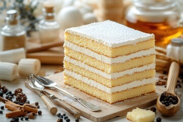 Poster - Freshly baked cake slice on a modern cutting board, perfect for food styling and photography