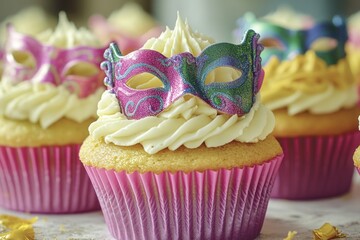 Poster - A decorated cupcake with a mask on top, suitable for celebrations and events