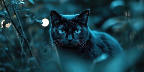 Poster - A black cat sits in the middle of a dense forest, looking around cautiously