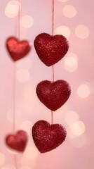 Wall Mural - Three red glitter hearts hanging against a bokeh background.