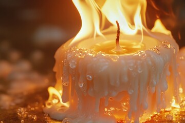 Poster - A single white candle is lit on a wooden table, providing a warm and cozy atmosphere