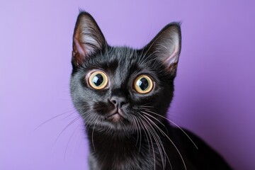 Poster - Close-up shot of a black cat sitting on a purple background