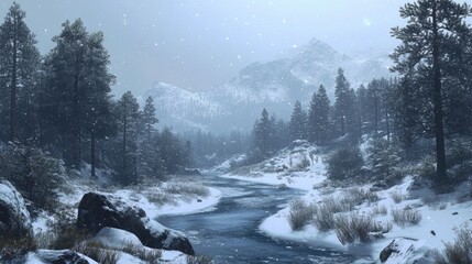 Wall Mural - river in snowy forest