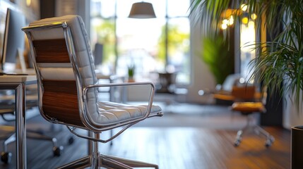 Poster - A modern office setting with a desk, chair, and potted plant