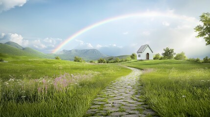 Wall Mural - cozy Irish cottage with a thatched roof, surrounded by a lush green garden filled with shamrocks