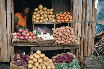 Aufkleber - A woman stands in front of a store filled with fresh vegetables, ideal for use in food or editorial content