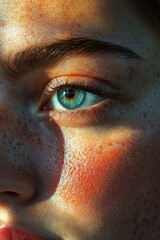 Wall Mural - Close-up shot of a woman's face featuring freckles