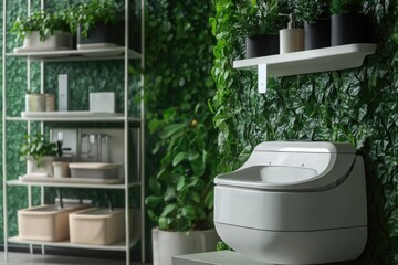 Poster - A simple toilet is placed against a vibrant green wall