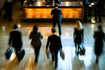 Poster - Group of professionals walking through a modern lobby with glass doors and sleek furniture