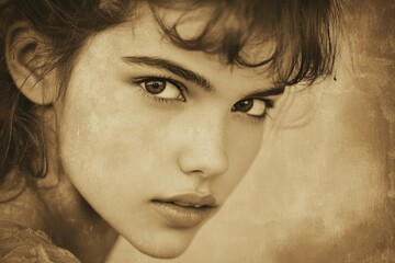 Poster - A close-up portrait of a woman's face on a brown background, great for personal use or commercial projects