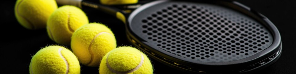 Poster - Collection of tennis balls and a racket on a surface, ready for play
