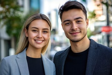Poster - A man and a woman stand side by side, posing together