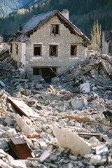 Aufkleber - A single-family home surrounded by destroyed buildings and rubble