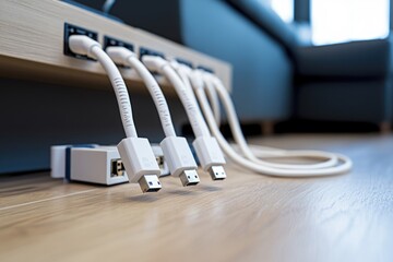 Poster - A close-up view of multiple computer cords connected to a device