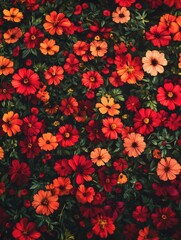 Wall Mural - Field of red and orange flowers with green leaves