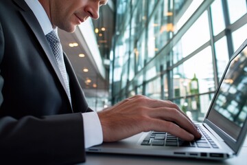 Poster - man in suit typing away on his laptop, possibly working or studying