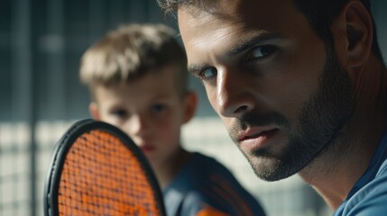 Poster - A man holds a tennis racquet next to a young boy, ready for a game