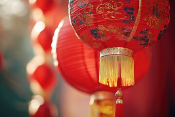 Poster - A collection of red lanterns suspended from the ceiling, creating a warm and cozy ambiance