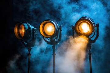 Wall Mural - Three spotlights with smoke effect
