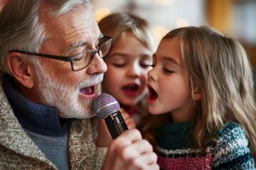 Aufkleber - A nostalgic scene of an older man singing with two young girls, possibly at a talent show or family gathering