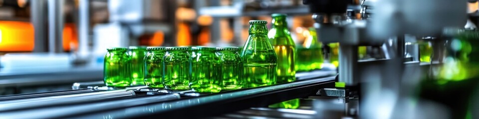 Poster - A line of green glass bottles on a production line conveyor belt, ideal for use in manufacturing or business settings