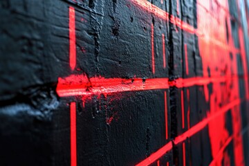 Poster - A dark-colored wall with red stripes painted on it