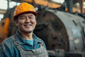 Poster - A person in a hard hat standing beside a large industrial machine, suitable for use in images about work, industry, or construction
