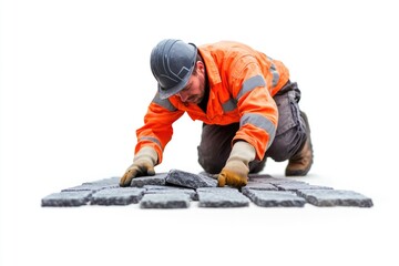 Poster - A person wearing an orange jacket works on laying bricks