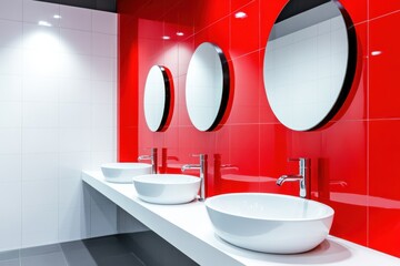 Wall Mural - High-contrast bathroom featuring modern design with white walls and bold red accents, showcasing sleek black fixtures for urban appeal