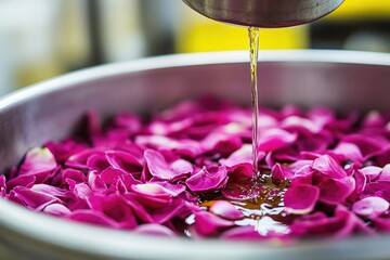 Poster - A person pours water into a bowl of fresh flowers