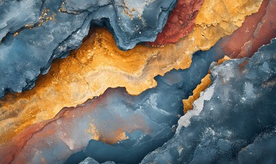 Poster - Abstract Layered Rock Formation with Blue Gray Yellow and Red Hues Detailed Texture
