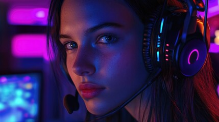 Poster - a person working on a laptop with a headset on, suitable for technology and office scenes