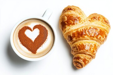 Poster - A warm cup of coffee and a flaky croissant on a wooden table