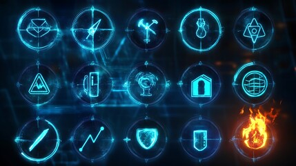 Poster - Futuristic HUD interface with glowing icons, symbols, and a fiery element.