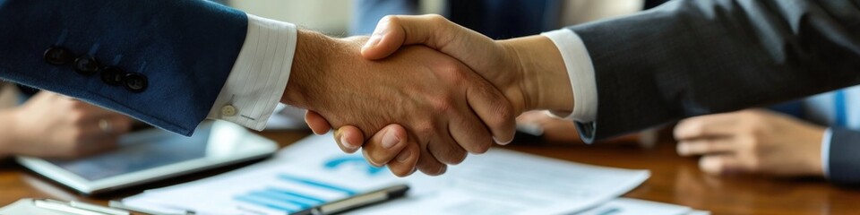 Poster - Two individuals shaking hands on a professional setting, symbolizing agreement or partnership